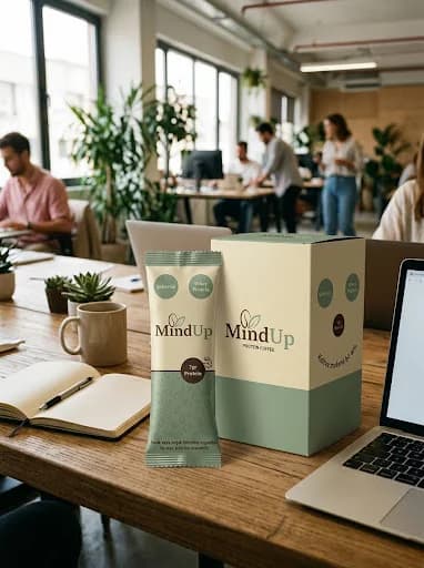 Ofiste çalışma masasında MindUp saşesi ve kutusu