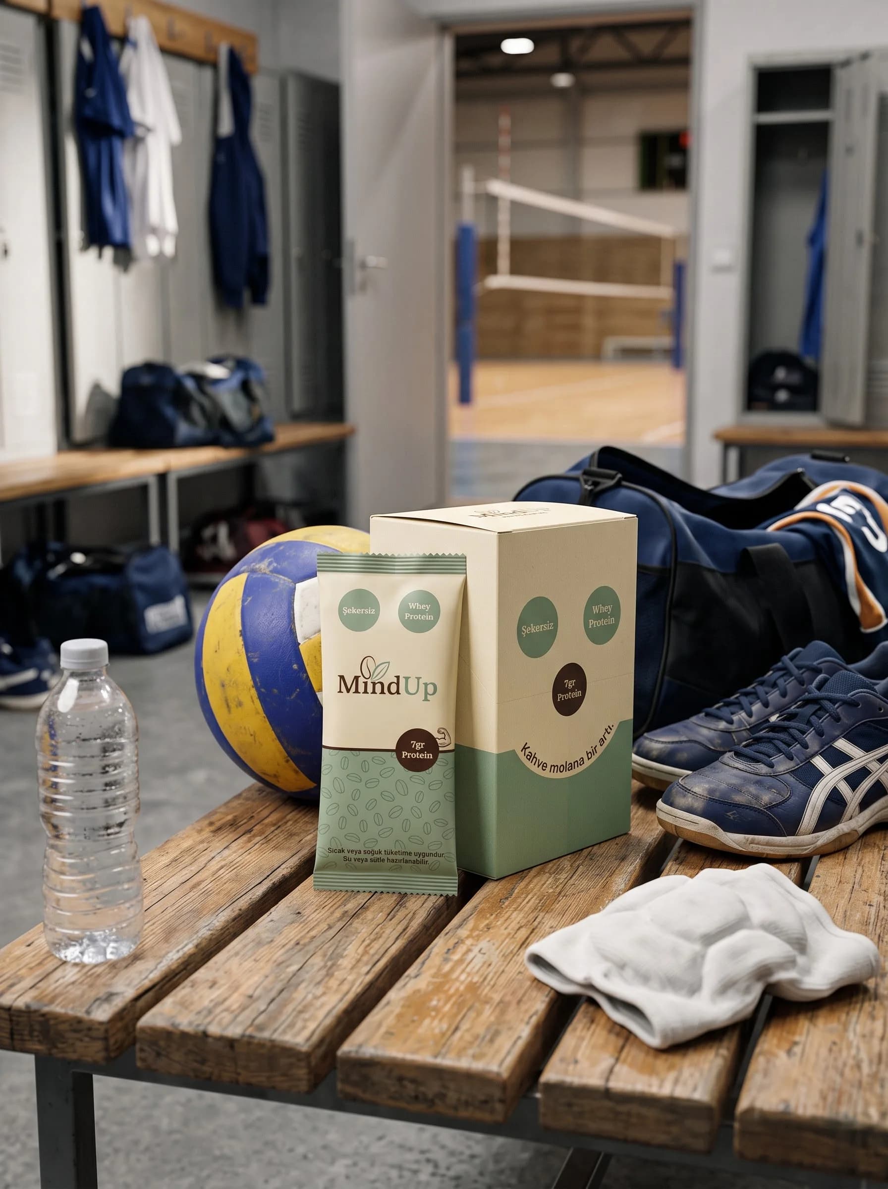 Voleybol soyunma odasında bankın üzerinde MindUp saşesi, kutusu ve voleybol topu